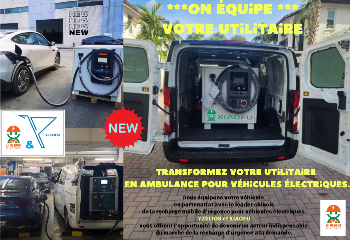 utilitaire équipé pour la recharge mobile d'urgence des véhicules électriques chez YZELIOS en partenariat avec XIAOFU on équipe votre fourgon .